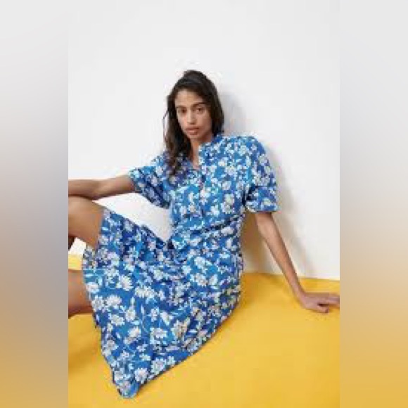 Zara Blue Floral Drop Waist Midi Shirt Dress Summer Dress - Size Medium - Picture 6 of 9